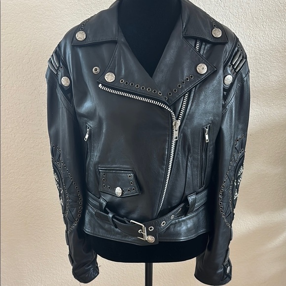 RARE VINTAGE BAJA Trading Company Studded Eagle Rhinestone 100% Leather Jacket - Picture 7 of 16